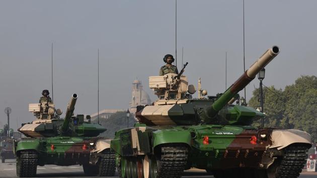 T-90 battle tanks at Rajpath during the rehearsal for Republic Day Parade in New Delhi. (Vipin Kumar/HT File Photo) T-90 battle tanks at Rajpath during the rehearsal for Republic Day Parade in New Delhi. (Vipin Kumar/HT File Photo)