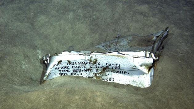 Spare parts from the USS Indianapolis on the floor of the North Pacific Ocean. Most of the ship’s 1,196 sailors and Marines survived the sinking only to succumb to dehydration, drowning and shark attacks. According to the US Navy, 316 people survived of which only 22 are alive today. (Courtesy of Paul G. Allen / AP) 