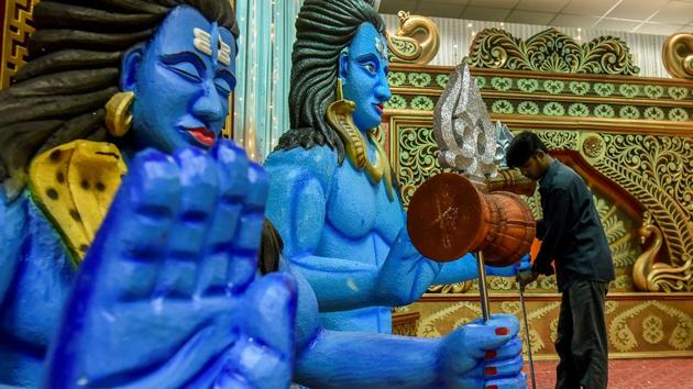 From Lord Shiva to Hanuman designs, different temple decorations (makhars) on sale at Vanmali Hall Dadar in Mumbai for Ganesh Chaturthi, which falls on August 25. (Kunal Patil/HT Photo)