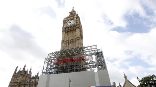 A scaffolding is erected around the Elizabeth Tower, which includes the landmark 'Big Ben' clock, as part of ongoing conservation efforts at the Palace of Westminster in London. (AP) A scaffolding is erected around the Elizabeth Tower, which includes the landmark 'Big Ben' clock, as part of ongoing conservation efforts at the Palace of Westminster in London. (AP)