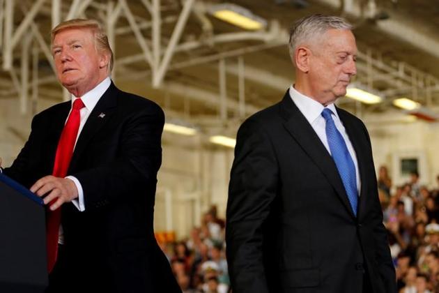Donald Trump and his defence secretary James Mattis at Naval Station Norfolk in Norfolk, Virginia, on July 22, 2017. (Reuters) Donald Trump and his defence secretary James Mattis at Naval Station Norfolk in Norfolk, Virginia, on July 22, 2017. (Reuters)