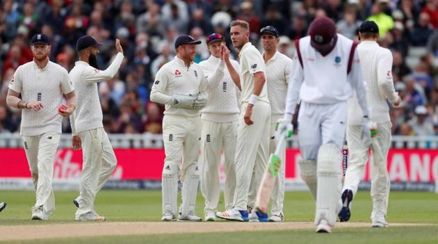 England's Stuart Broad celebrates the wicket of West Indies' Alzarri Joseph in the first Test at Birmingham. West Indies lost by an innings and 209 runs. (Action Images via Reuters) England's Stuart Broad celebrates the wicket of West Indies' Alzarri Joseph in the first Test at Birmingham. West Indies lost by an innings and 209 runs. (Action Images via Reuters)