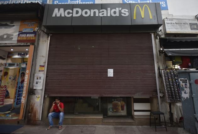 A closed McDonald's outlet at Connaught Place in New Delhi. (Ravi Choudhary/HT PHOTO) A closed McDonald's outlet at Connaught Place in New Delhi. (Ravi Choudhary/HT PHOTO)