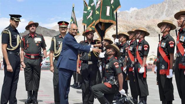 President Ram Nath Kovind at the presentation of the Presidential Colours to the Ladakh Scouts Regimental Centre and all five battalions of the Regiment, at Leh in Ladakh on Monday.(PTI Photo)