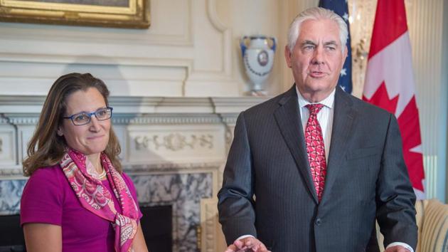 Canadian Minister of Foreign Affairs Chrystia Freeland with US Secretary of State Rex Tillerson at the US Department of State in Washington, DC on August 16, 2017. (AFP) Canadian Minister of Foreign Affairs Chrystia Freeland with US Secretary of State Rex Tillerson at the US Department of State in Washington, DC on August 16, 2017. (AFP)