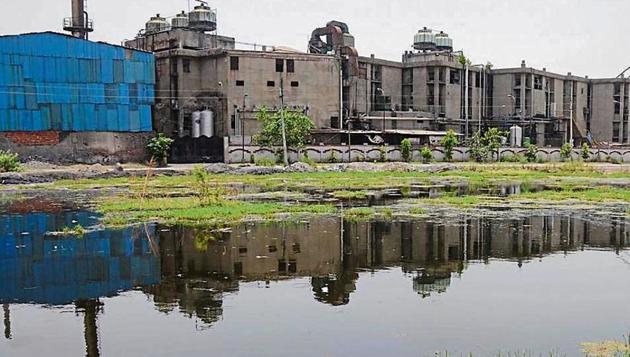Toxic industrial effluent in a vacant plot in the Industrial Focal Point area of Ludhiana.(HT File)