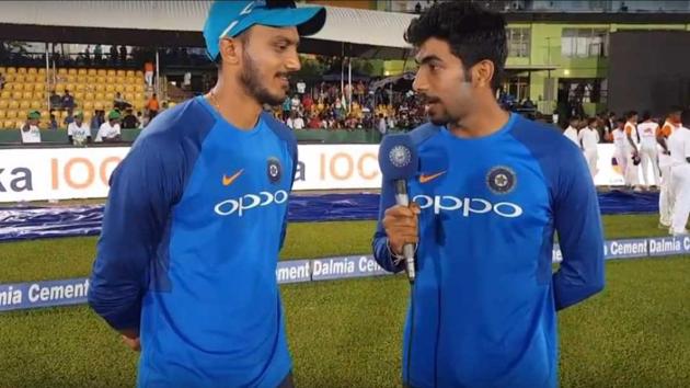 Axar Patel (L) and Jasprit Bumrah were key performers in Indian cricket team’s nine-wicket win over Sri Lanka in Dambulla ODI. (bcci.tv) Axar Patel (L) and Jasprit Bumrah were key performers in Indian cricket team’s nine-wicket win over Sri Lanka in Dambulla ODI. (bcci.tv)