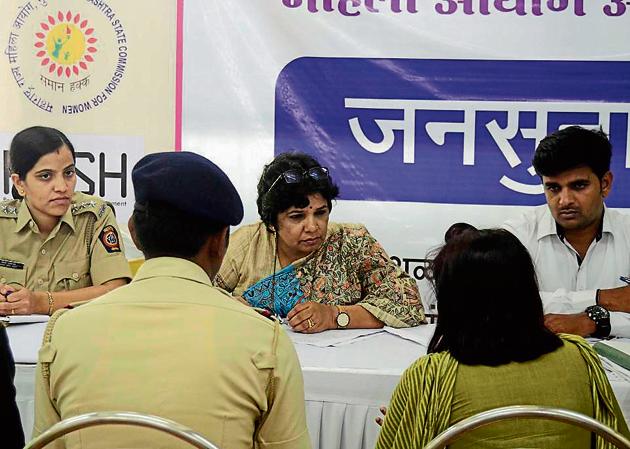 Vijaya Rahatkar (C) at the public hearing of women's sexual harassment at workplace organised by Maharashtra State Commission for Women in Pune. (Ravindra Joshi/HT PHOTO) Vijaya Rahatkar (C) at the public hearing of women's sexual harassment at workplace organised by Maharashtra State Commission for Women in Pune. (Ravindra Joshi/HT PHOTO)