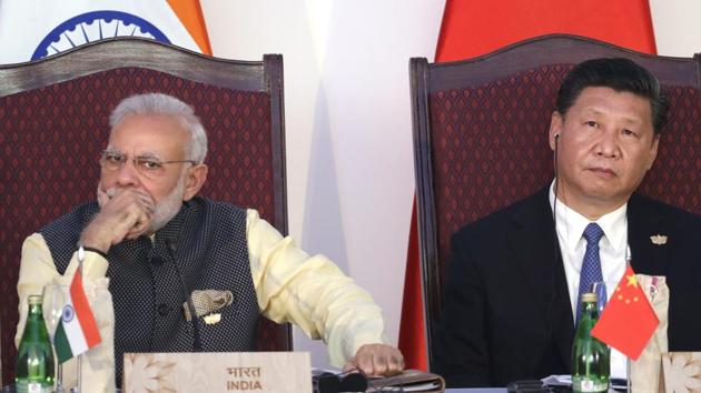 A file photo of Indian Prime Minister Narendra Modi and Chinese President Xi Jinping during the BRICS Leaders Meeting with the BRICS Business Council in Goa in October 2016.(AP) A file photo of Indian Prime Minister Narendra Modi and Chinese President Xi Jinping during the BRICS Leaders Meeting with the BRICS Business Council in Goa in October 2016.(AP)
