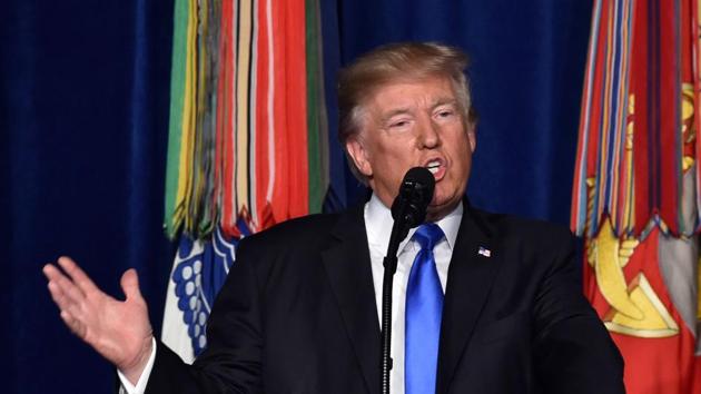 US President Donald Trump speaks during his address to the nation on Monday. During his address he spoke about increasing strategic partnership with India.(AFP)