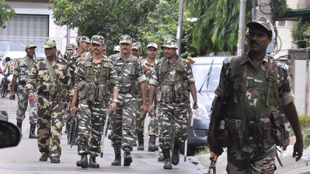 PThe CRPF took out a flag march in Panchkula on Tuesday ahead of the verdict by the CBI court on August 25. (Sant arora/HT Photo) PThe CRPF took out a flag march in Panchkula on Tuesday ahead of the verdict by the CBI court on August 25. (Sant arora/HT Photo)