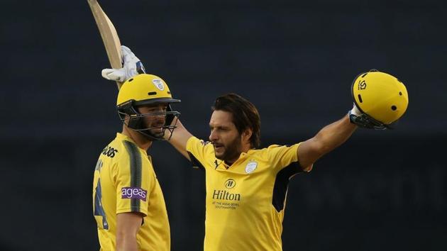 Shahid Afridi (R) slammed a 42-ball century as Hampshire crushed Derbyshire in the first quarter-final of 2017 NatWest T20 Blast. (Twitter ) (Twitter) Shahid Afridi (R) slammed a 42-ball century as Hampshire crushed Derbyshire in the first quarter-final of 2017 NatWest T20 Blast. (Twitter ) (Twitter)
