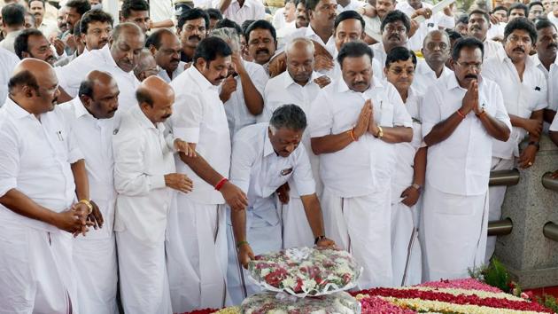 Tamil Nadu Chief Minister Edappadi K Palaniswami and Dy CM O Panneerselvam paying tributes at the memorial of J Jayalalithaa following merger of their factions, Chennai, August 21 (PTI) Tamil Nadu Chief Minister Edappadi K Palaniswami and Dy CM O Panneerselvam paying tributes at the memorial of J Jayalalithaa following merger of their factions, Chennai, August 21 (PTI)