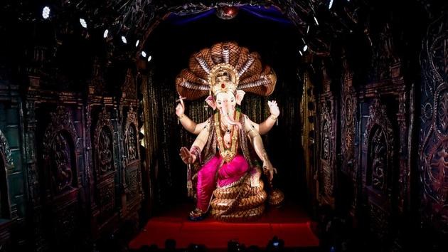 The idol at Lalbaug Sarvajanik Utsav Mandal, Ganesh Galli. (Kunal Patil/HT Photo) 