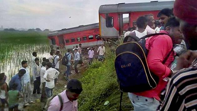Nine coaches of Azamgarh-Delhi Kaifiyat Express train derailed after colliding with a dumper in Auraiya district of Uttar Pradesh on Wednesday. (PTI) Nine coaches of Azamgarh-Delhi Kaifiyat Express train derailed after colliding with a dumper in Auraiya district of Uttar Pradesh on Wednesday. (PTI)