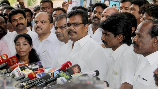 MLAs supporting VK Sasikala's nephew TTV Dinakaran address the media after calling on Tamil Nadu governor to express their no-confidence in the chief minister K Palanisami, in Chennai. (PTI Photo) MLAs supporting VK Sasikala's nephew TTV Dinakaran address the media after calling on Tamil Nadu governor to express their no-confidence in the chief minister K Palanisami, in Chennai. (PTI Photo)