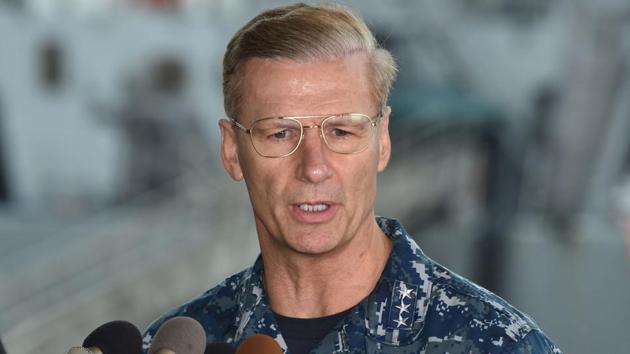 File photo from June 2017 shows Vice Admiral Joseph Aucoin, commander of the US 7th Fleet, at a news conference in front of the guided missile destroyer USS Fitzgerald. Aucoin was relieved of duty following a deadly collision between a destroyer and a merchant vessel, the latest in a spate of similar accidents. (AFP) File photo from June 2017 shows Vice Admiral Joseph Aucoin, commander of the US 7th Fleet, at a news conference in front of the guided missile destroyer USS Fitzgerald. Aucoin was relieved of duty following a deadly collision between a destroyer and a merchant vessel, the latest in a spate of similar accidents. (AFP)