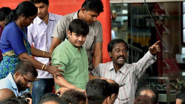 Left activists escort student leader Kanhaiya Kumar during an event in Kolkata on Wednesday. (PTI) Left activists escort student leader Kanhaiya Kumar during an event in Kolkata on Wednesday. (PTI)