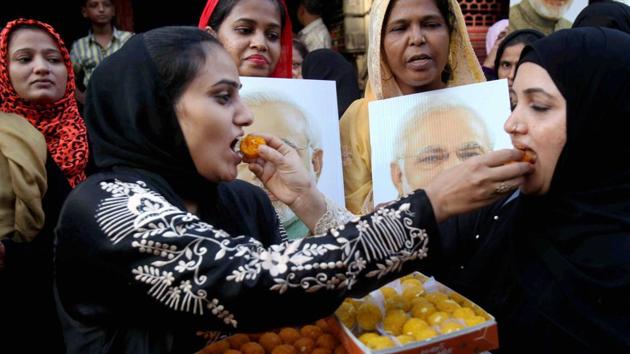 Muslims women celebrate the Supreme Court's decision on triple talaq in Mumbai on Tuesday. (PTI Photo) Muslims women celebrate the Supreme Court's decision on triple talaq in Mumbai on Tuesday. (PTI Photo)