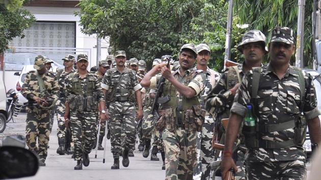 CRPF (Central Reserve Police Force) took out a flag march At Panchkula ahead of last hearing on Dera Sacha Sauda chief. Punjab director general of police Suresh Arora visited Mohali to review the security arrangements. During the meeting that lasted for an hour, Arora asked all officers to be on their toes and carry out rigorous checking of buses, cars and hotels ahead of the verdict. Two companies of paramilitary forces with 80 personnel each have arrived in Mohali. (Sant Arora / HT Photo)