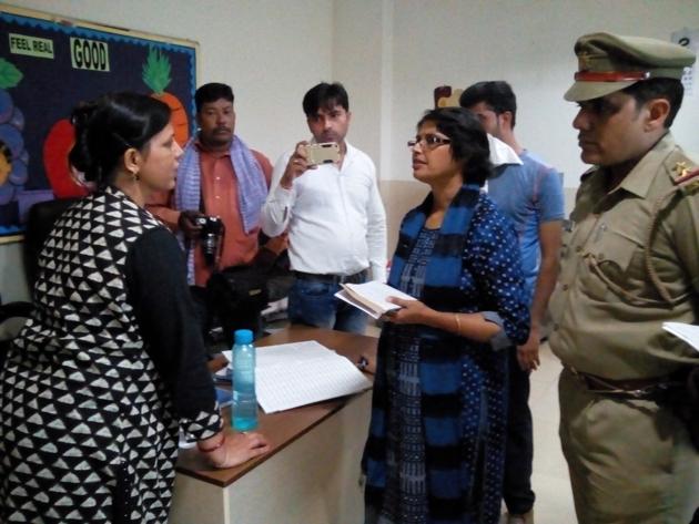 The station house officer, Indirapuram took the ADM on a visit to the gallery outside the classroom, the spot where the incident took place. (HT PHOTO) The station house officer, Indirapuram took the ADM on a visit to the gallery outside the classroom, the spot where the incident took place. (HT PHOTO)
