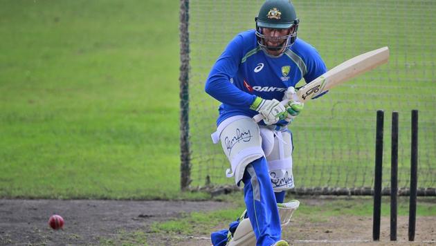 Australia cricket team’s Usman Khawaja bats wearing no front pad during a practice session ahead of the first Test against Bangladesh cricket team in Dhaka on Wednesday.(AP)