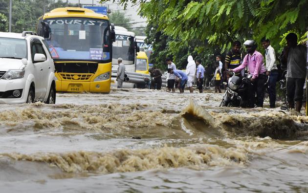 Water logging near Sector-38 after the heavy rainfall. (HT PHOTO) Water logging near Sector-38 after the heavy rainfall. (HT PHOTO)