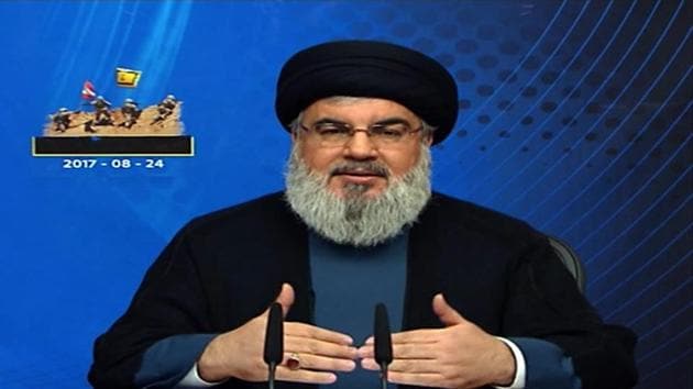 An image grab taken from Hezbollah's al-Manar TV on August 24, 2017 shows Hassan Nasrallah, the head of Lebanon's militant Shiite movement Hezbollah, giving a televised address from an undisclosed location in Lebanon. (AFP) An image grab taken from Hezbollah's al-Manar TV on August 24, 2017 shows Hassan Nasrallah, the head of Lebanon's militant Shiite movement Hezbollah, giving a televised address from an undisclosed location in Lebanon. (AFP)
