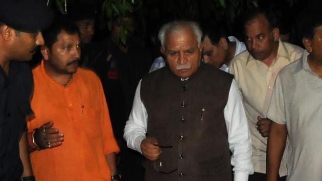 Haryana chief minister Manohar Lal Khattar visits Panchkula after clashes between Dera supporters and police left at least 30 dead on August 25, 2017. (Sant Arora/HT Photo) Haryana chief minister Manohar Lal Khattar visits Panchkula after clashes between Dera supporters and police left at least 30 dead on August 25, 2017. (Sant Arora/HT Photo)