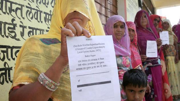 Disappointed women voters show pattern of the ballot paper used during recent voting to close the liquor shop, at the polling center at Atal Sewa Kendra, in Barjal panchayat in Bhim tehsil of Rajsamand district, Rajasthan on 19 August. (HT Photo) Disappointed women voters show pattern of the ballot paper used during recent voting to close the liquor shop, at the polling center at Atal Sewa Kendra, in Barjal panchayat in Bhim tehsil of Rajsamand district, Rajasthan on 19 August. (HT Photo)