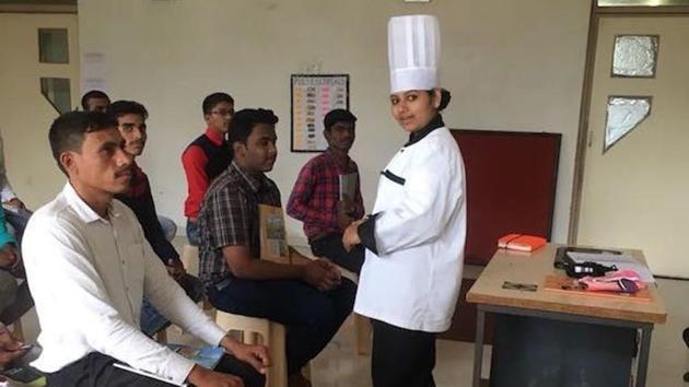 Swati Shinde, an assistant food production trainer at the Pace Hospitality Training Centre, teaches a class that at present has no women students. Swati was married soon after she completed grade VIII but she was soon back home with a newborn son and hasn’t looked back. Today she earns enough for her mother to lead a retired life. (IndiaSpend/Namita Bhandare) Swati Shinde, an assistant food production trainer at the Pace Hospitality Training Centre, teaches a class that at present has no women students. Swati was married soon after she completed grade VIII but she was soon back home with a newborn son and hasn’t looked back. Today she earns enough for her mother to lead a retired life. (IndiaSpend/Namita Bhandare)