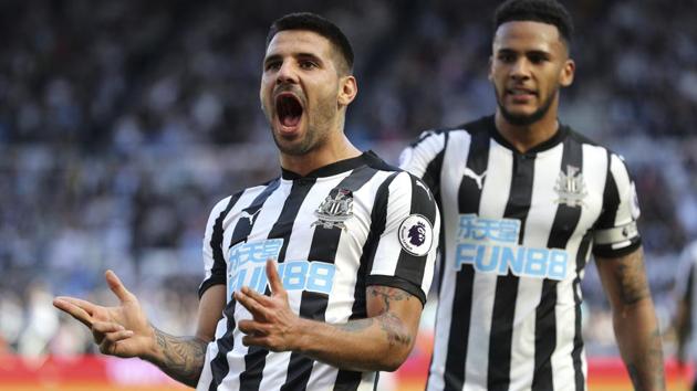 Aleksandar Mitrovic celebrates scoring his side's third goal of the game during the Premier League match between Newcastle United and West Ham United.(AP)