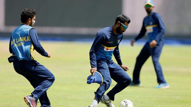 Chamara Kapugedera and his teammate Kusal Mendis have an intense training session. (REUTERS) 