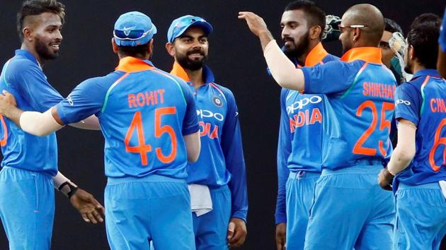 India's Hardik Pandya celebrates with captain Virat Kohli, Rohit Sharma ,Shikhar Dhawan and Lokesh Rahul after taking the wicket of Sri Lanka's captain Upul Tharanga. (REUTERS) India's Hardik Pandya celebrates with captain Virat Kohli, Rohit Sharma ,Shikhar Dhawan and Lokesh Rahul after taking the wicket of Sri Lanka's captain Upul Tharanga. (REUTERS)