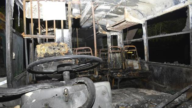 A UP roadways bus was burnt in Ghaziabad's Loni town on Friday. (Sakib Ali/HT File Photo) A UP roadways bus was burnt in Ghaziabad's Loni town on Friday. (Sakib Ali/HT File Photo)