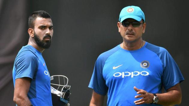 Ravi Shastri with KL Rahul during a practice session at Pallekele International Cricket Stadium at Pallekele, Kandy. (PTI)