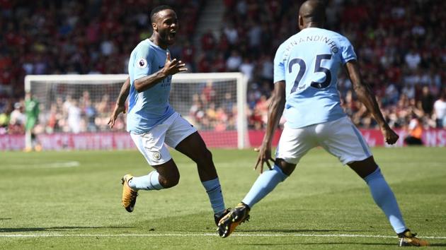 Manchester City's Raheem Sterling celebrates scoring their second goal against Bournemouth.(REUTERS)