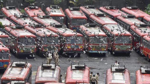 ST buses were parked at Kurla depot as they will leave for Kokan for Ganesh festival in Mumbai on Tuesday. (Kunal Patil/HT Photo) 