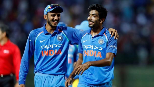India's Jasprit Bumrah celebrates with his teammate Axar Patel during the third ODI match against Sri Lanka. (REUTERS) India's Jasprit Bumrah celebrates with his teammate Axar Patel during the third ODI match against Sri Lanka. (REUTERS)
