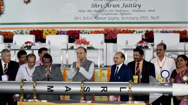 Defence minister Arun Jaitley at BDL in Hyderabad on Sunday. (PTI) Defence minister Arun Jaitley at BDL in Hyderabad on Sunday. (PTI)