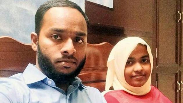 A file photo of Hadiya (24), a Hindu convert, married a Muslim youth Shefin Jehan, a Gulf returnee, in last December. Her father later moved the court saying she was indoctrinated while pursuing her studies and it was part of a larger conspiracy called ‘love jihad’ and his only daughter may be sent to Syria like the missing 21 from the state. The Supreme Court asked the NIA to probe the case.(HT Photo)