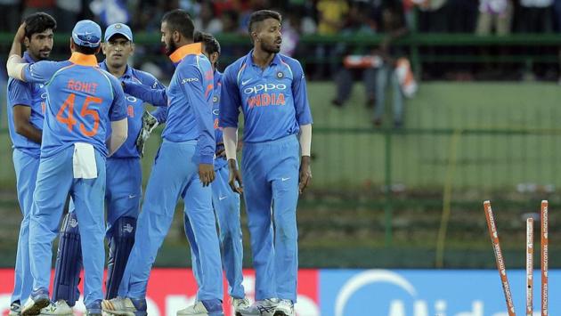 Hardik Pandya (right) also joined the party as he dismissed Dinesh Chandimal. (AP) 