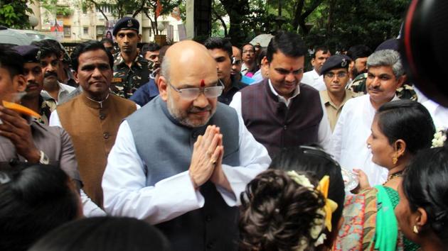(From left) BJP Maharashtra chief Raosaheb Danve Patil, party president Amit Shah and CM Devendra Fadnavis at YB Chavan Centre on Sunday. (Bhushan Koyande/HT) (From left) BJP Maharashtra chief Raosaheb Danve Patil, party president Amit Shah and CM Devendra Fadnavis at YB Chavan Centre on Sunday. (Bhushan Koyande/HT)