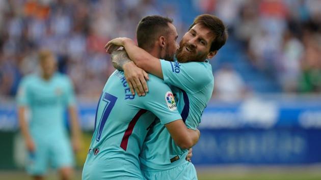 Lionel Messi celebrates scoring Barcelona’s second goal.(REUTERS)