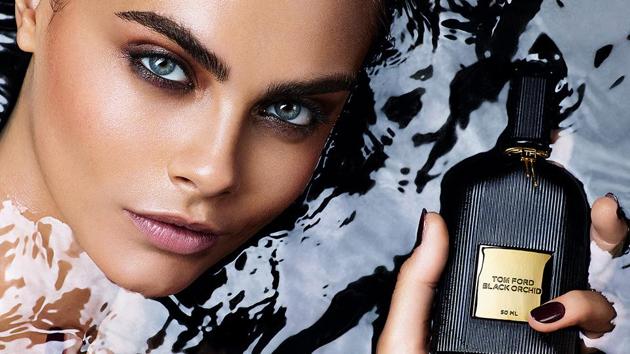 Cara Delevingne in an advertisement for Tom Ford’s Black Orchid, a perfume Vir describes as “sensual and heavy”.