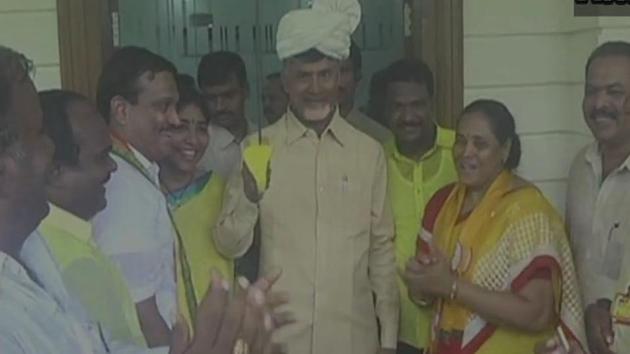 Andhra Pradesh chief minister N Chandrababu Naidu celebrates his party’s victory in the assembly bypoll. (ANI Twitter) Andhra Pradesh chief minister N Chandrababu Naidu celebrates his party’s victory in the assembly bypoll. (ANI Twitter)