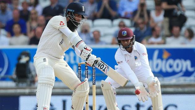 Moeen Ali top-scored for England, taking them to 490/8 declared on the fourth day of the second Test against the West Indies at Headingley in Leeds on Monday. (AFP) Moeen Ali top-scored for England, taking them to 490/8 declared on the fourth day of the second Test against the West Indies at Headingley in Leeds on Monday. (AFP)