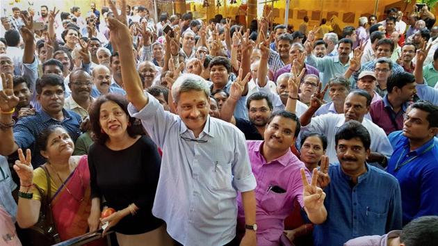 Goa Chief Minister Manohar Parrikar with his supporters on the way to file nomination papers for Panaji seat by-election last week. He won by almost 5000 votes.(PTI) Goa Chief Minister Manohar Parrikar with his supporters on the way to file nomination papers for Panaji seat by-election last week. He won by almost 5000 votes.(PTI)