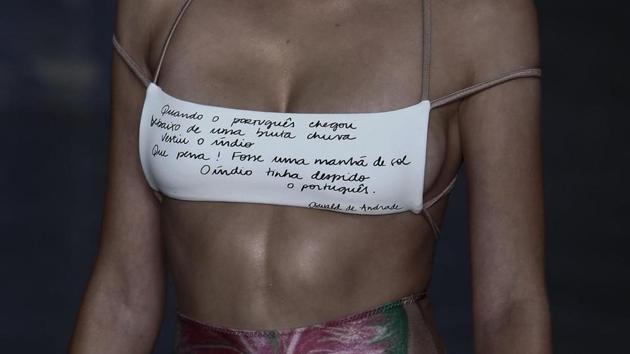 A model presents a creation during the Sao Paulo Fashion Week in Sao Paulo, Brazil on August 28, 2017. (AFP)