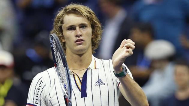 Alexander Zverev of Germany reacts after beating Darian King of Barbados in their U.S. Open tennis tournament opening round in New York on Tuesday. (AP) Alexander Zverev of Germany reacts after beating Darian King of Barbados in their U.S. Open tennis tournament opening round in New York on Tuesday. (AP)